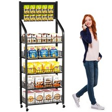 65 5 Tier Snack Rack Display Stand with Hooks  Wheels, Metal Retail Display