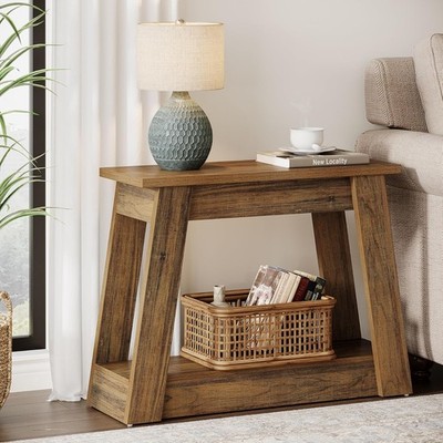 Wood End Table, Narrow Small Side Table with 2 Storage Shelves for Living Room