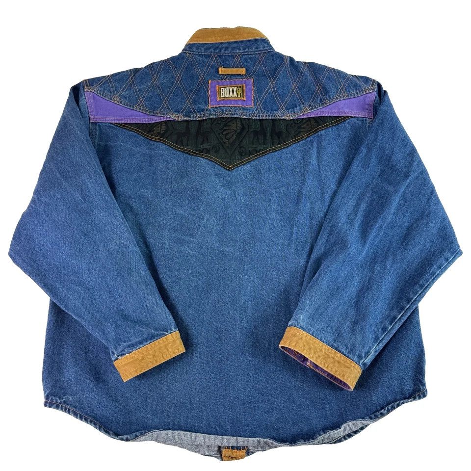 Vintage 90s BOXX Jeans CJ Two Brothers Denim Shirt Color Block Purple Tan XL - Image 3 of 4