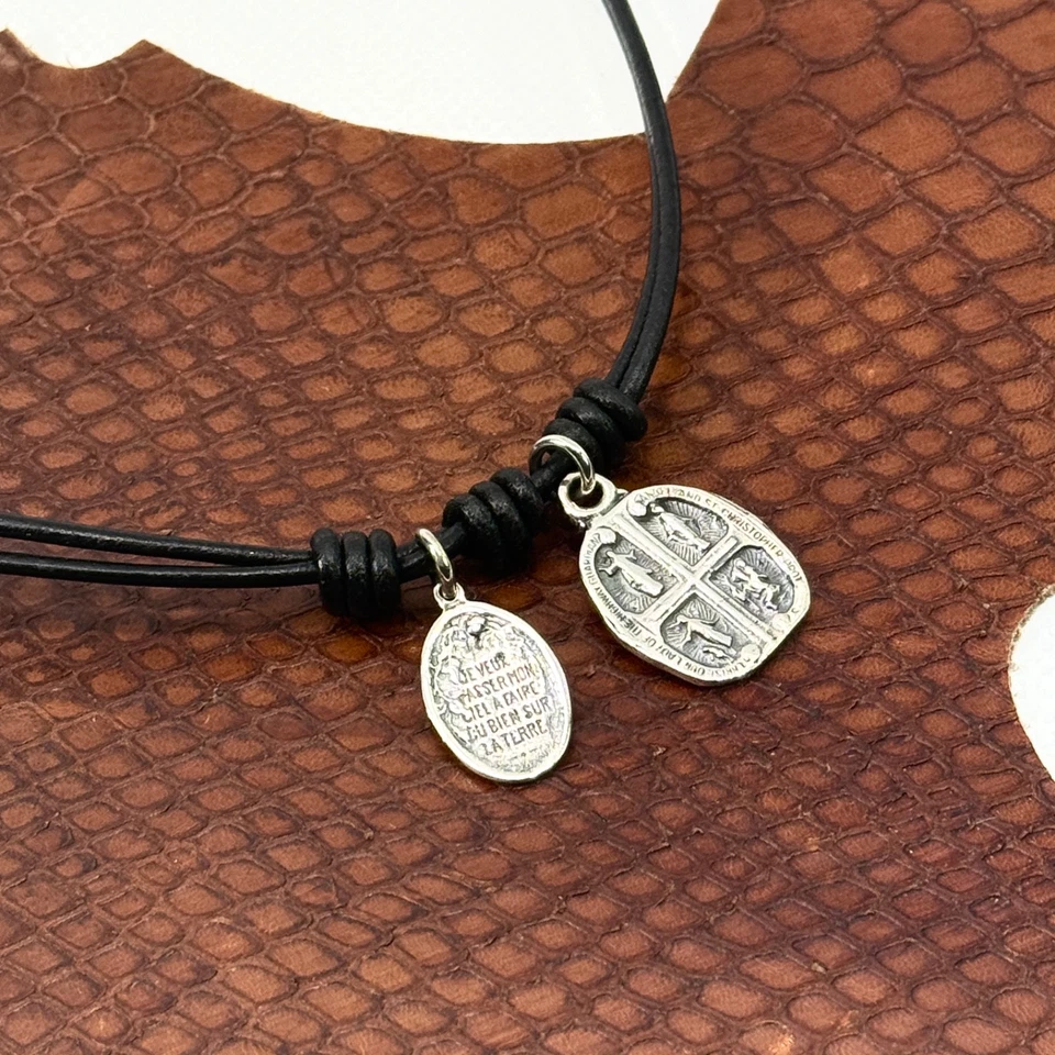Lederkette & 925er Anhänger #MySaints  d'Oz HOMME Herrenkette 2 Anhänger HEILIGE - Bild 1 von 4