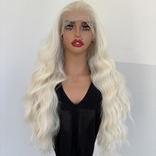 Heat Resistant Hair Glue Less Lace Front Wig Long Wavy Platinum blonde