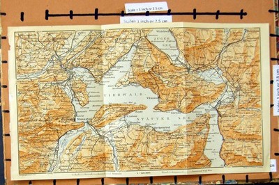 Original Old Antique Print Map C1900 Luzern Alpnach Brunnen Walchwil Kriens