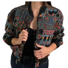 Carole Little Womens Boho Bomber Jacket Medium Floral Hippie Cottage Art To Wear