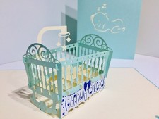 Origami Pop Cards Metallic Baby Cot in Mint Blue Newborn Baby Best Wishes 3DCard