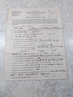 Vintage 1942 Job Application For Pacific Naval Air Bases 11-12-42