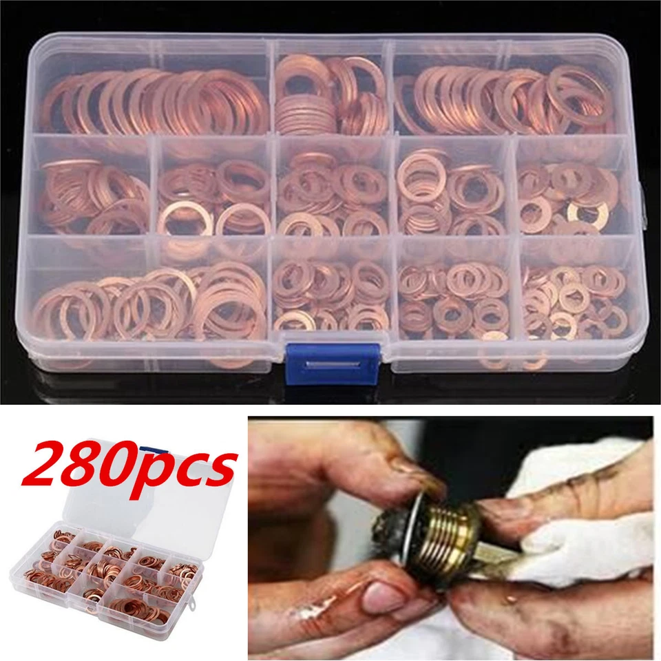280Pcs 12 Sizes Solid Copper Crush Washers Assorted Seal Flat Ring Hardware Kit - Image 2 of 4