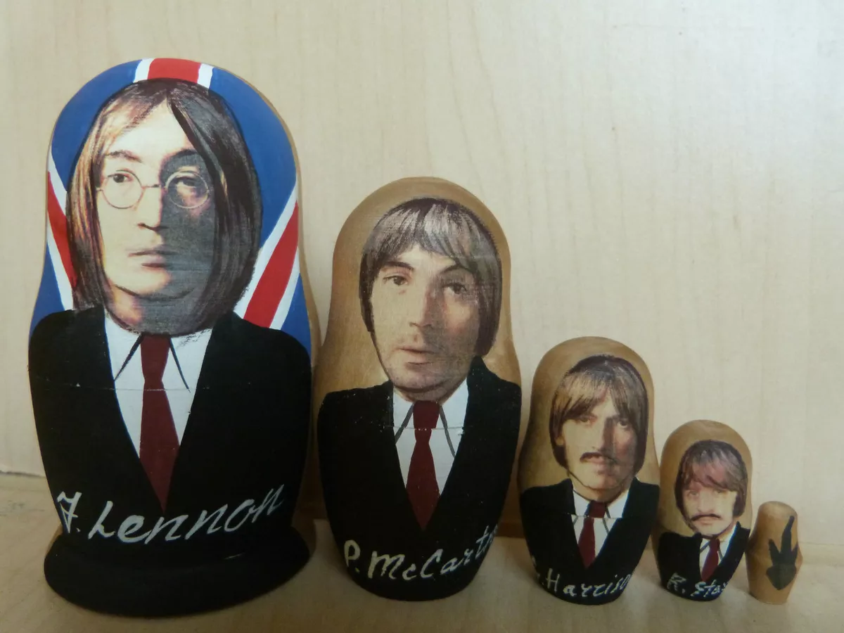 THE BEATLES RUSSIAN DOLL SET OF 5 BABUSHKA MATRYOSHKA HAND PAINTED COLLECTABLE