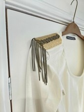 Size 8 White Cream Mini Dress Long Sleeve Gold Shoulder Detail Fringe Chain 