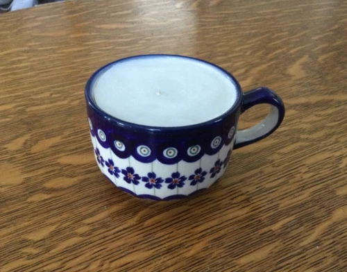 BOLESLAWIEC Polish Pottery MUG Peacock Blue Dots Candle, handmade