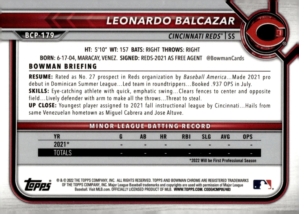 2022 Bowman Chrome Sapphire Edition #BCP-179 Leonardo Balcazar Prospects - Image 2 of 2