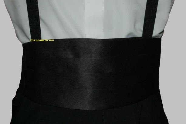 Nueva pajarita negra satinada, faja y clip en tirantes de esmoquin Foto 3 de 4