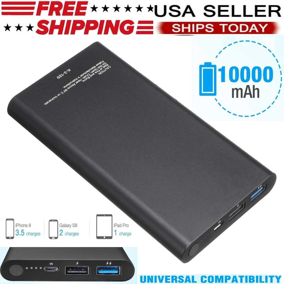 10000mAh Portable Slim Power Bank Fast Charging External Battery