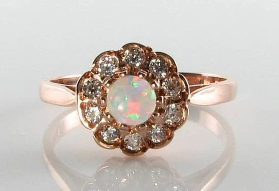 Anillo 9K 8CT Oro Rosa Ópalo Natural Redondo Cluster Halo Art Déco