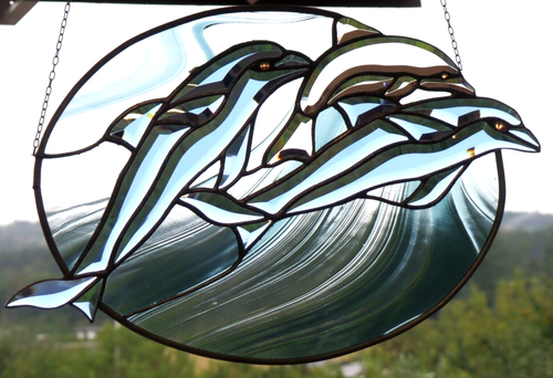 Bleiverglasung Fensterbild  Facetten- Delphin- Familie im Oval in Tiffany - Bild 3 von 15