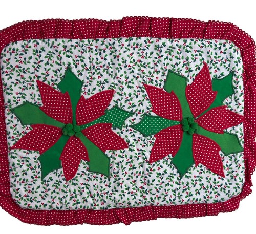 Handmade Poinsettia Ruffle Patch Quilted Placements 13” X 18” Lot Of 4 VTG - Picture 3 of 4