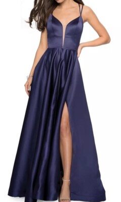 strappy back fitted satin evening dress la femme