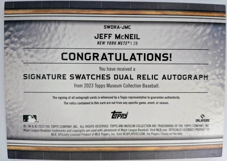 2023 Topps Museum Collection - Signature Swatches Jeff McNeil 16/50 (AU, MEM) - Image 2 of 2