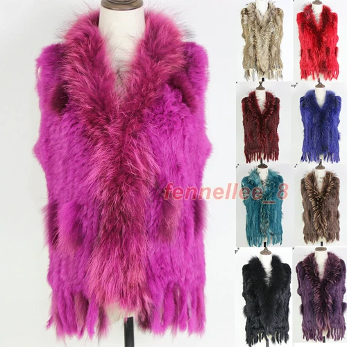 OFF WHITE Gilet smanicato donna vera pelliccia di coniglio lavorato a maglia vera pelliccia di procione collo gilet