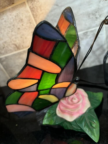 Vintage Butterfly Tiffany Style Stained Glass Table Accent Lamp Night Light