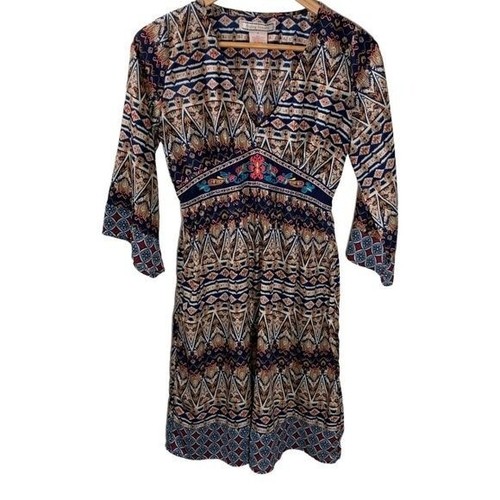 Flying Tomato Dress Womens Sz Small Blue Brown Fit Flare Bell Sleeve