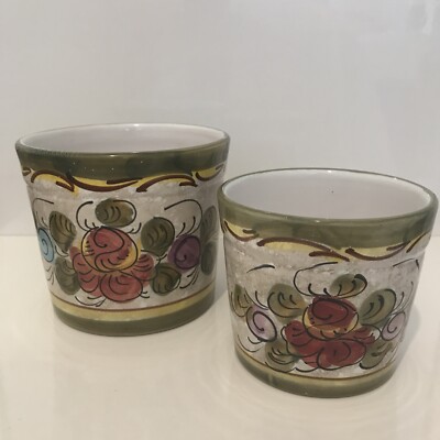 Vintage 2x italienische Keramik Blumentöpfe handbemalt floral bunt signiert