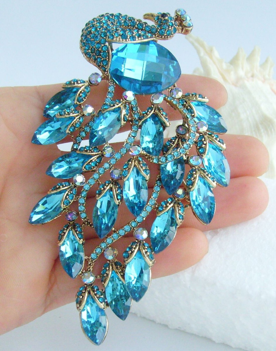 Animal Bird Peacock Brooch Pin Pendant Lake Blue Rhinestone