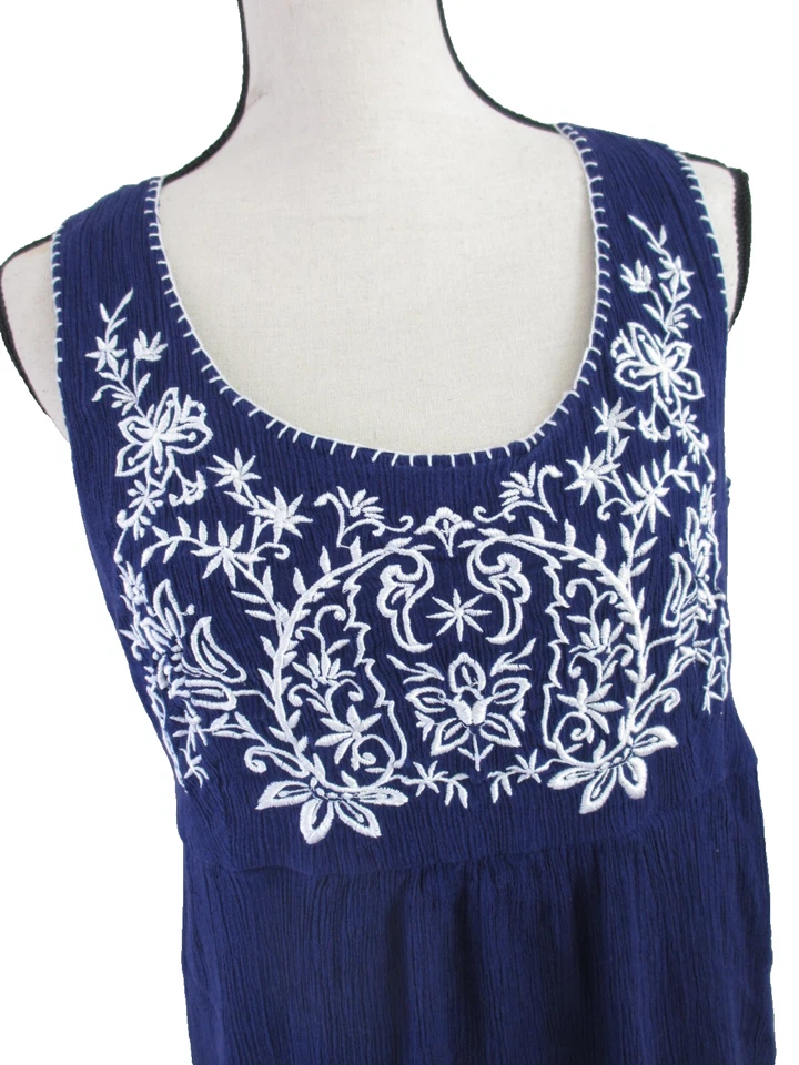 Navy Blue Applique Embroidered Sun Dress Women's 14 Sleeveless Gauze Cotton Boho - Image 2 of 4
