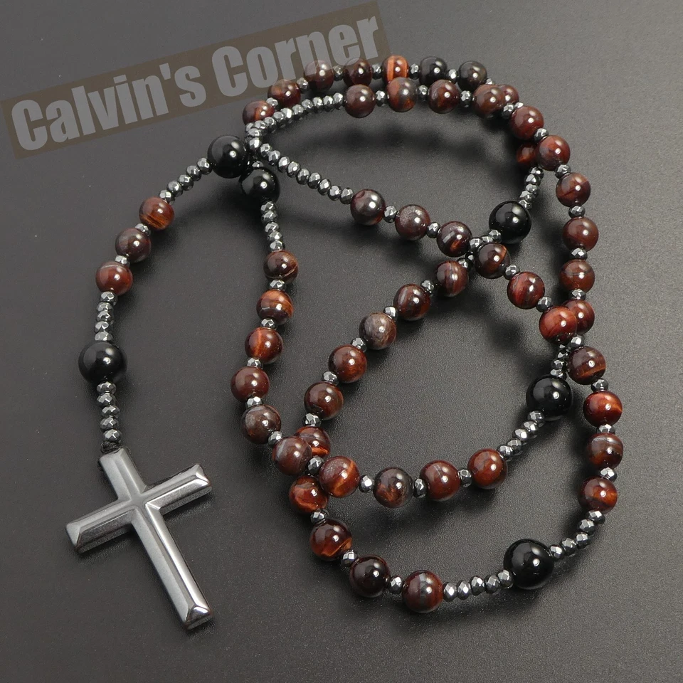 Red Tiger Eye Black Onyx 黑色 Hematite 十字念珠项链男式女式礼物 — 第 3/4 张图片