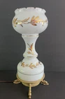 Vintage Boudoir Table Lamp White Milk Glass - Gold Leaves - Metal Fish Base