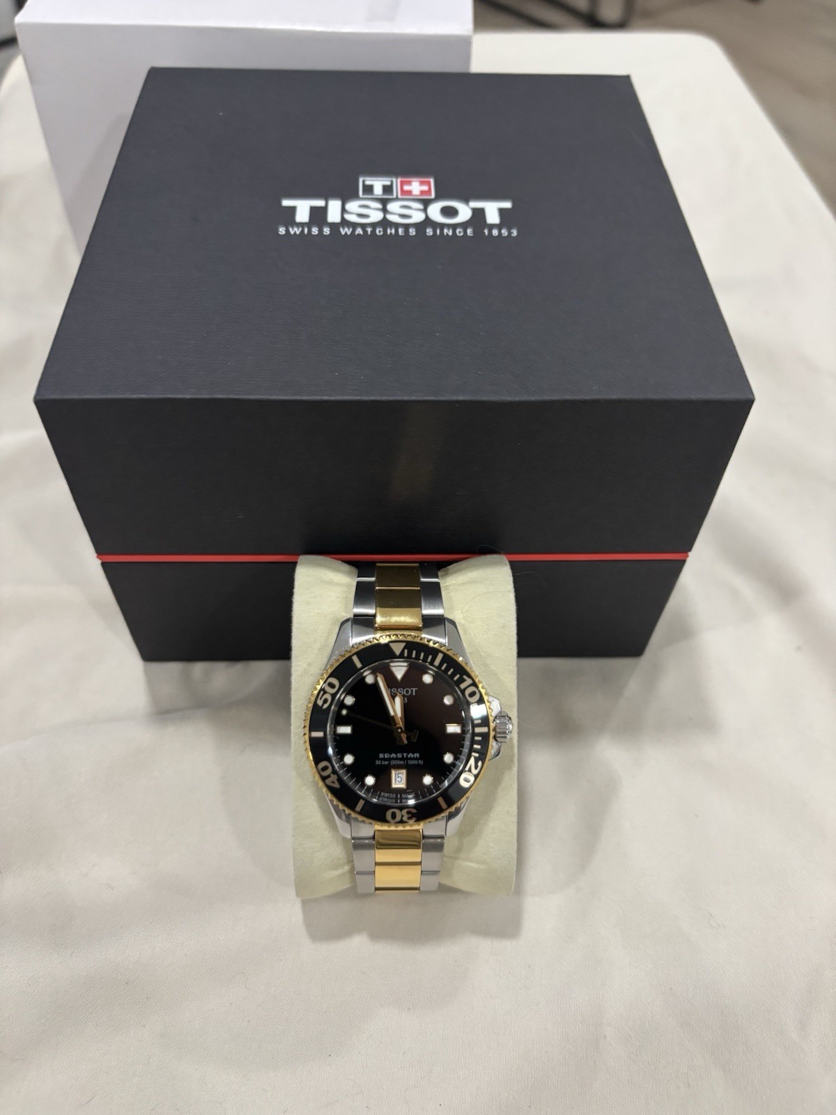 Tissot Seastar 36mm Black Dial Two-Tone Gold Quartz Watch T1202102105100