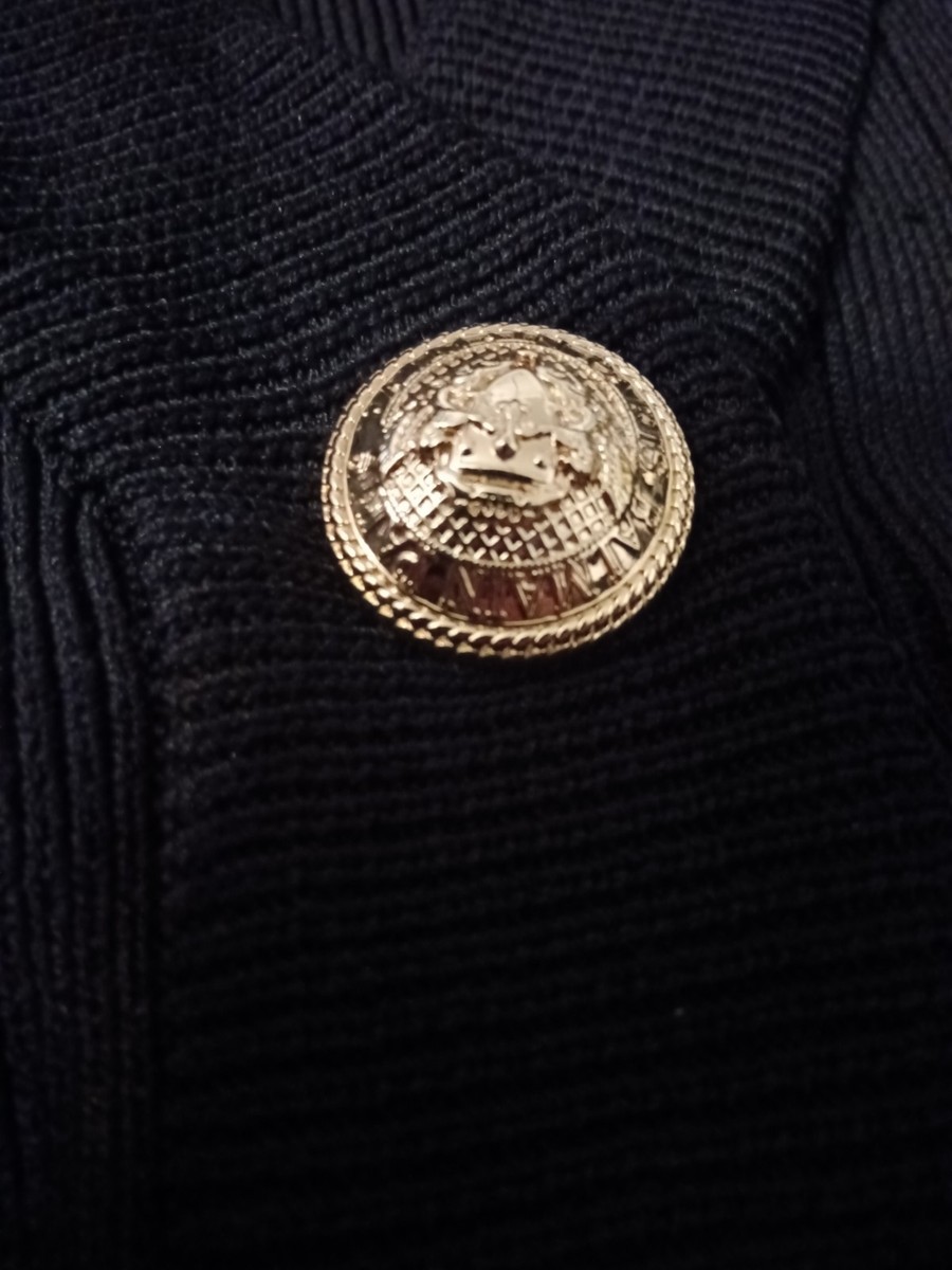 Balmain Black Ribbed Knit Cardigan Sweater Gold Buttons V-Neck