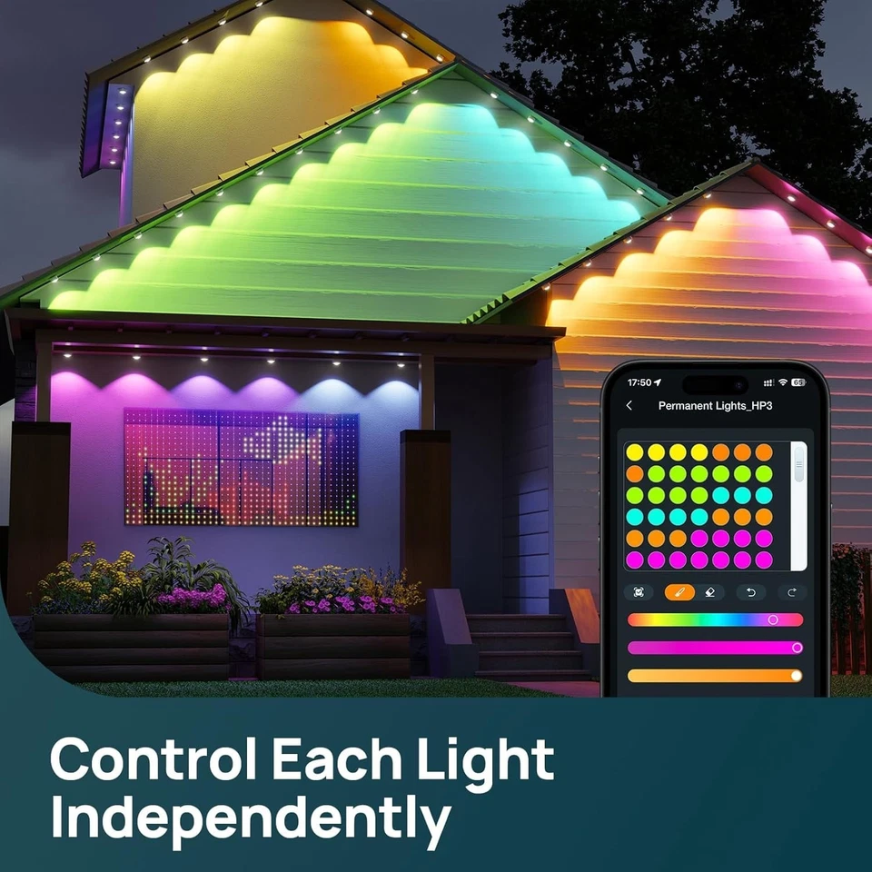 Luces exteriores permanentes Linkind 100 pies con 72 luces inteligentes RGB AI triple LED Foto 2 de 4