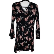 American Rag Boho Peasant Dress Floral-Size Medium Long Sleeve Black Pattern