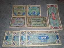 LOT VINTAGE 1994 ALLIED MILITARY CURRENCY WW2 9 BANKNOTES MARK SEN FRANC