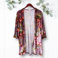 Lazy Sunday Floral Velvet Velour Kimono OS Purple Soft Open Boho Chic Fairy Y2K
