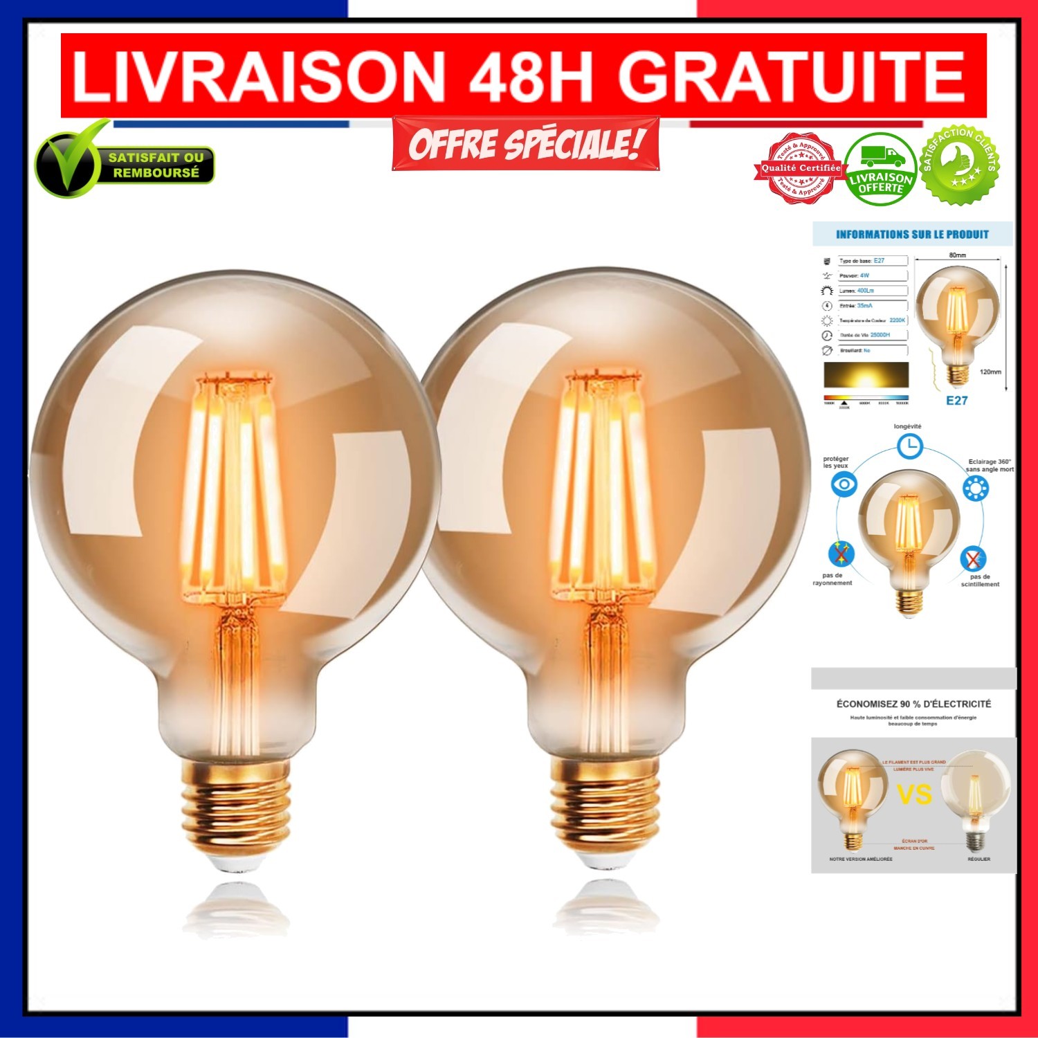 Ampoules LED G80 vintage 4W eclairage interieur suspendu e27