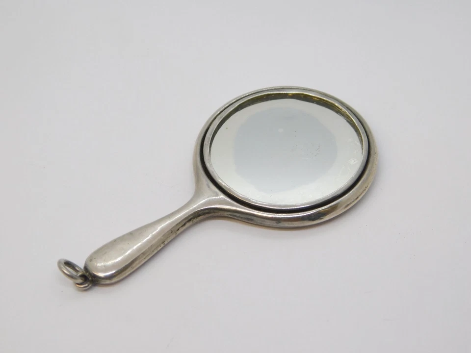 Espelho de mão Chatelaine miniatura prata esterlina antigo 1913 Birmingham Deco - Imagem 4 de 4