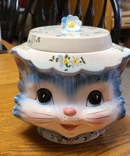 Vtg 1950s Miss Priss Blue Kitty Cat Ceramic Cookie Jar & Lid Lefton's Japan