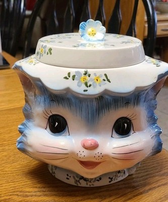 Vtg 1950s Miss Priss Blue Kitty Cat Ceramic Cookie Jar & Lid Lefton's Japan