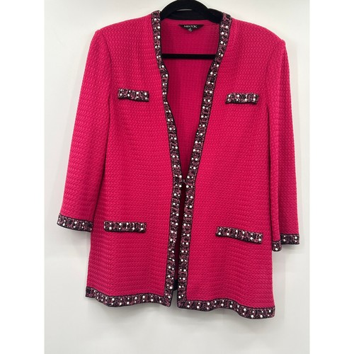 Misook Textured Knit Jacket Cardigan Medium Pink Embellished Trim Career Chic