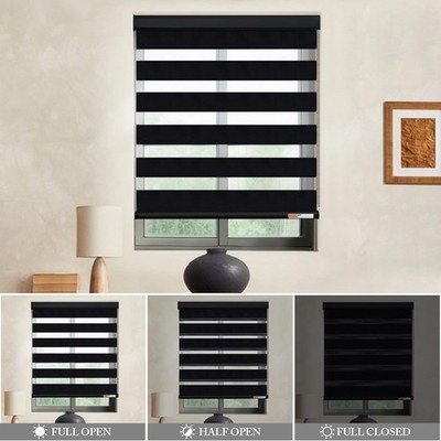 Cordless Window Roller Shades Free-Stop Dual Layer Zebra Blinds-Black- 32 W 64 H