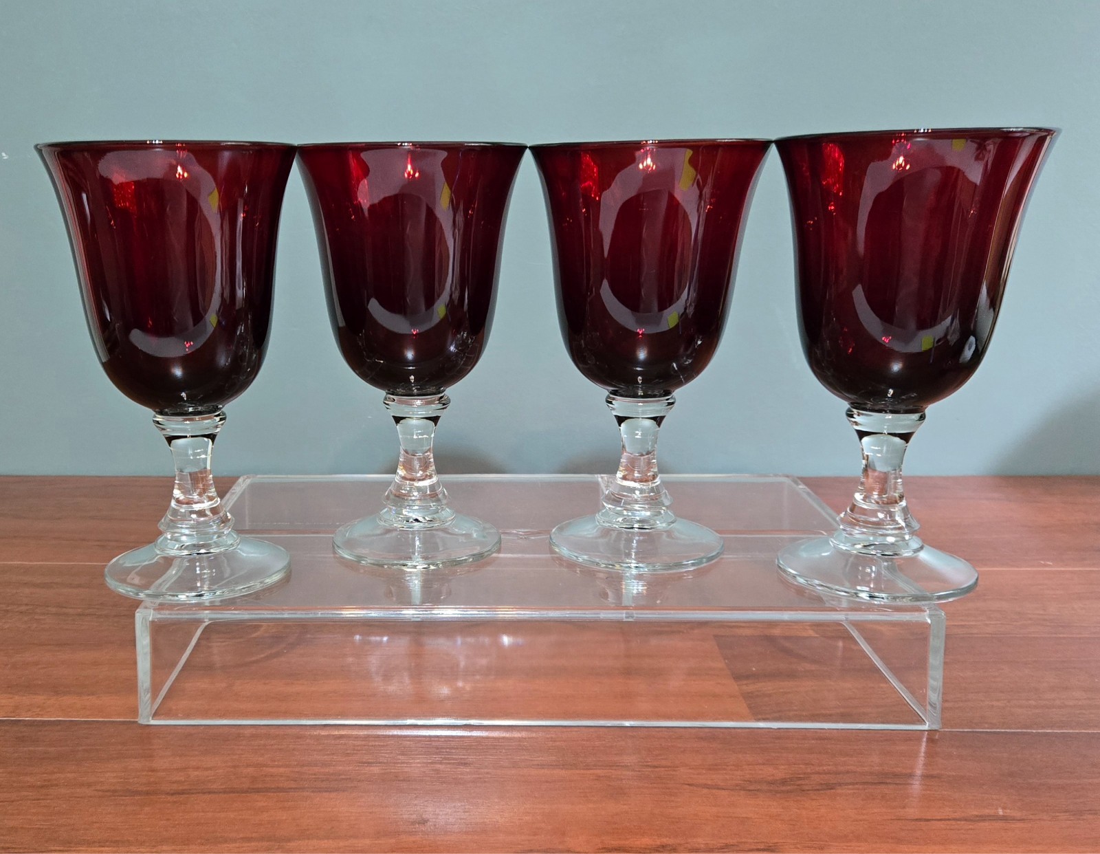 Set of 4 Unmarked Ruby Red Glass Goblets with Clear Stem 7.25"