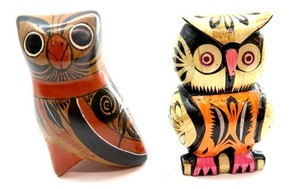 2 Vintage OWL Figurines Hand Painted from Mexico Clay and Wood 3" tall