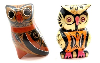 2 Vintage OWL Figurines Hand Painted from Mexico Clay and Wood 3'' tall