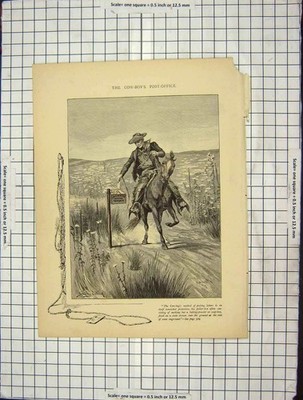 Original alter antiker Druck um 1880 Cow-Boy Post Pferd Stanley Holz 19.