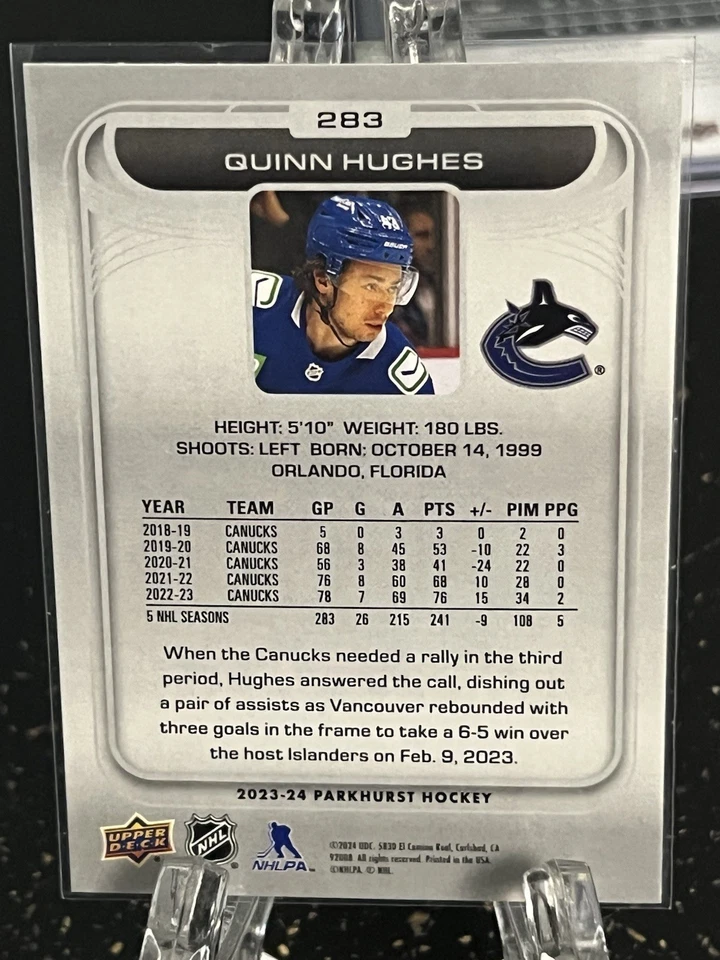 QUINN HUGHES---2023-24 PARKHURST---VANCOUVER CANUCKS--FREE SHIPPING - Image 2 of 2