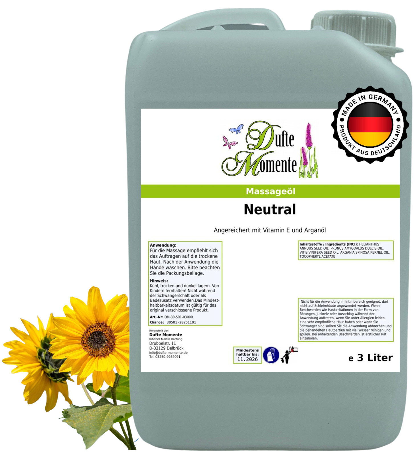 Massageöl Neutral | unparfümiert & hautfreundlich | vegan & natürlich