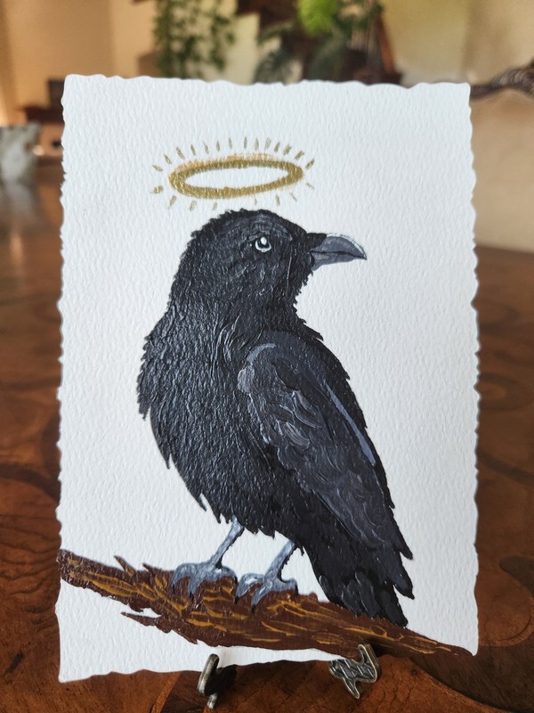 Original Acrylic Painting Black Crow Raven Gold Halo 5x7 Paper OOAK artbyumj