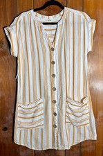 Ana Button Up Belted Dress Womens Sz Med White Yellow Striped Beach Vacation