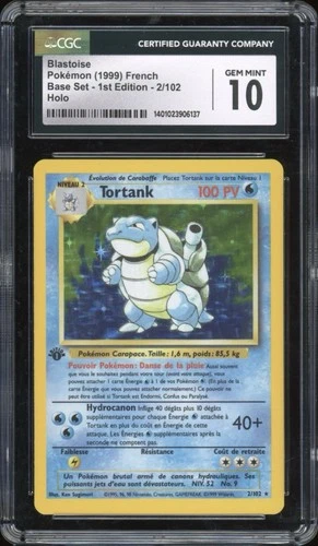 1999 Pokemon FRENCH 1st Edition Base Set Tortank-Blastoise Holo 2/102 CGC 10 GEM